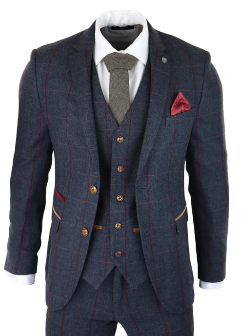 Heren Herringbone Tweed Kostuum 3-delig Marineblauw Peaky Blinders 1920s Tailored Fit - Image 1