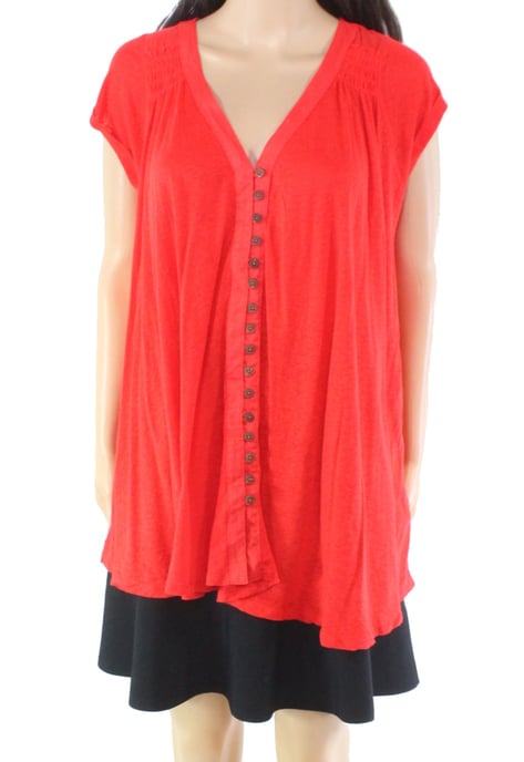 Free People Women's Blouse Red Tunic Button-Up V-Neck
