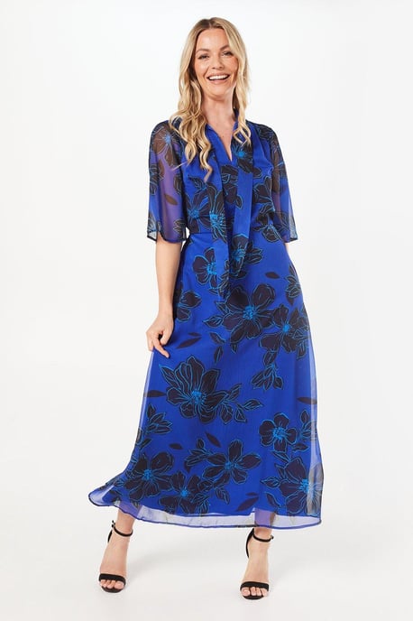 Tall Blue Floral Tie Neck Midi Dress - Image 1