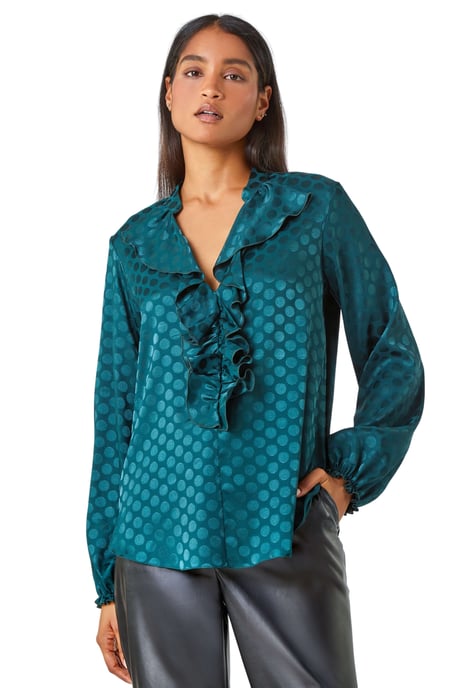 Spot Print Ruffle Trim Stretch Top