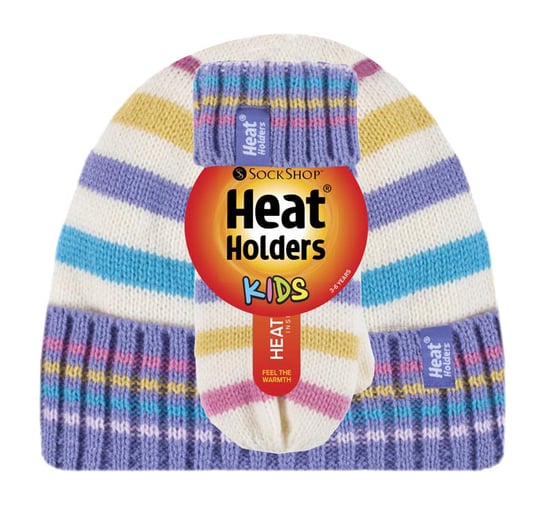 Heat Holders - Kids Girls Fleece Lined Knitted Striped Colourful Winter Thermal Hat and Mittens Set - CS2P11 - Image 2