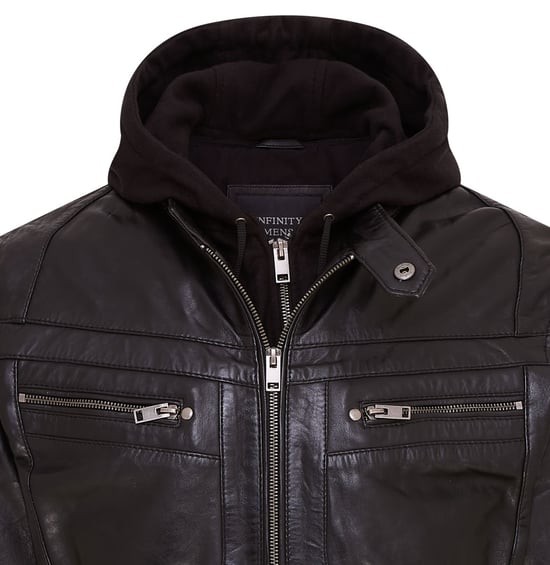 Mens Black Hooded Leather Biker Jacket - Stavern
