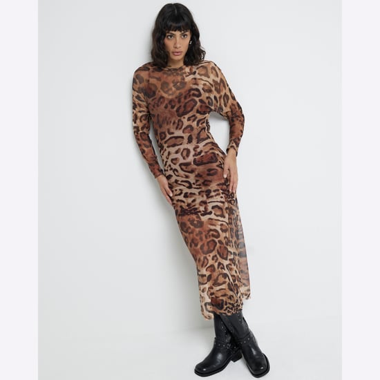 River Island Womens Bodycon Midi Dress Brown Mesh Leopard Print