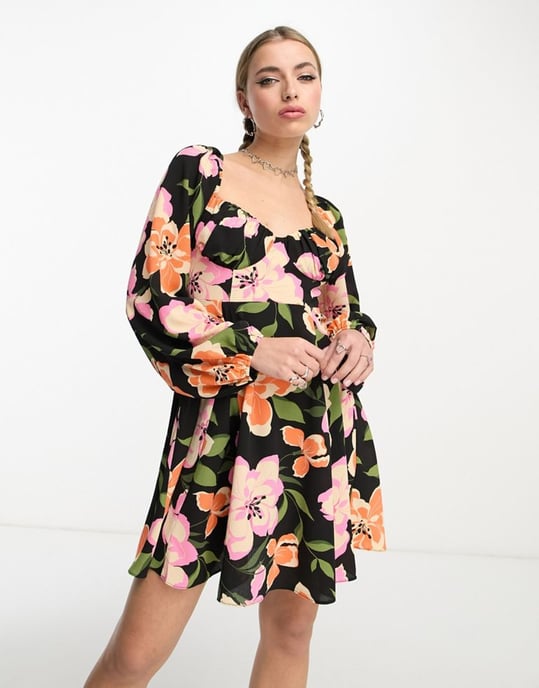 ASOS DESIGN babydoll open back mini skater dress with godets in large black floral-Multi