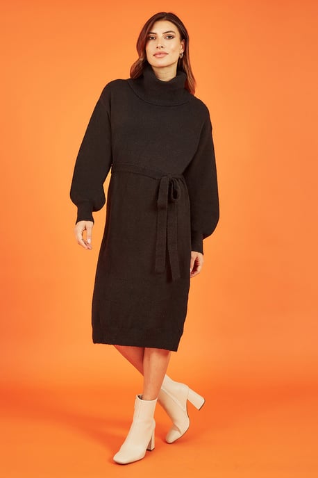 Black Roll Neck Jumper Dress With Belt