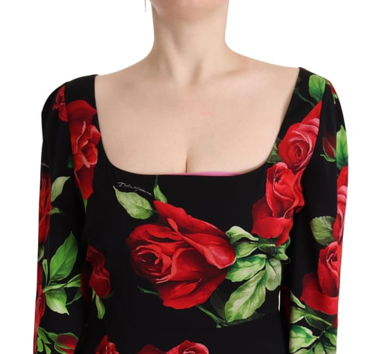 Dolce & Gabbana Kvinno svart röd rosor sheath stretch sidenklänning - Image 3