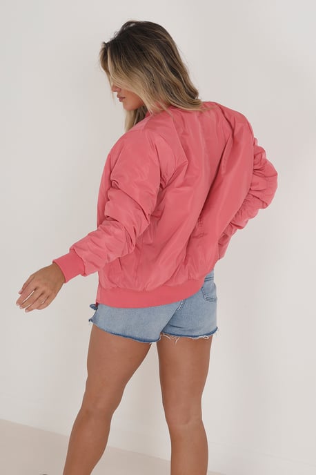 Pink 'Brazil' Ruched Sleeve Oversized Bomber Jacket