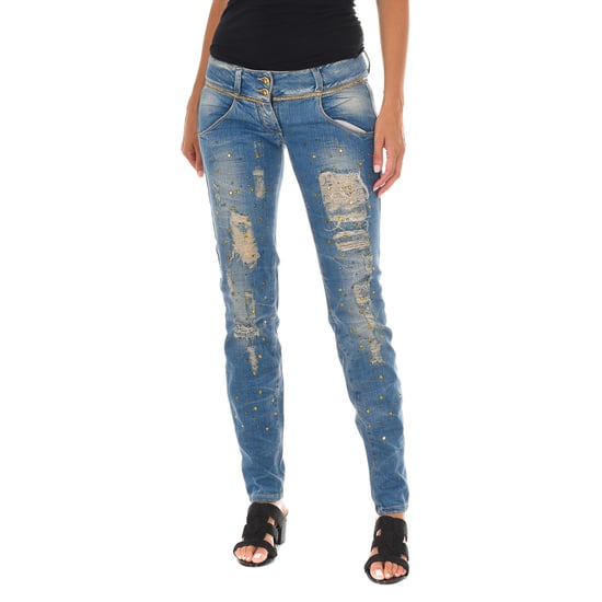 Long Denim Pants worn and torn effect 10DB50128 woman - Image 1
