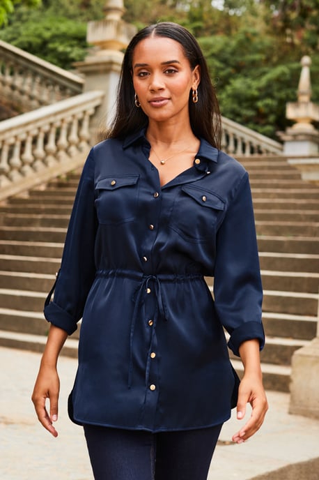 Navy Blue Satin Utility Tie Waist Shirt