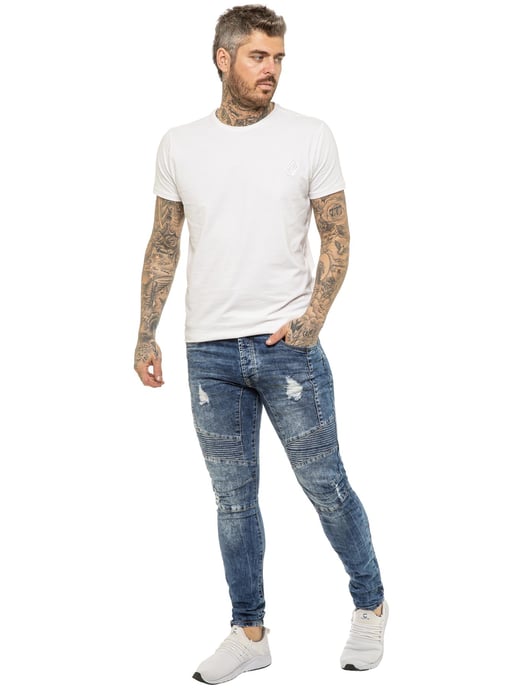 Enzo | Mens Skinny Stretch Biker Denim Jeans - Blue - Image 6