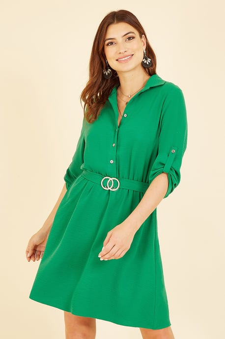 Mela Green Belted Shirt Dress With Gold Buckle