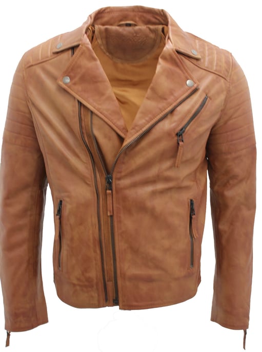 Brando-style slim-fit leather biker jacket with cross zipper