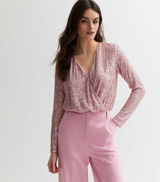 Sequin Wrap Long Sleeves Bodysuit - Image 1