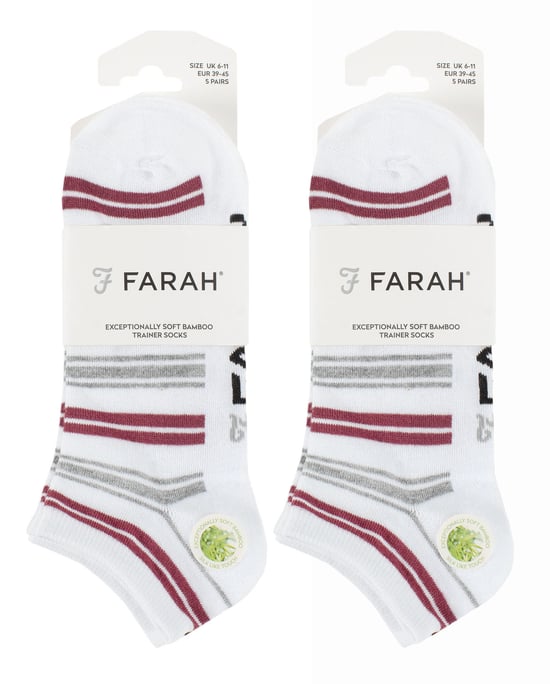 10 Pairs Mens Bamboo Trainer Socks | Farah | Striped Cushioned Ankle Socks - White Stripe - Image 2