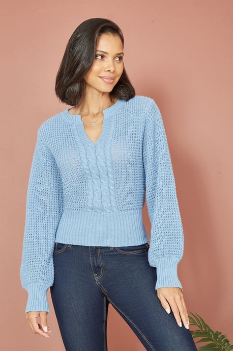 Blue Balloon Sleeve Cable Knit V Neck Jumper