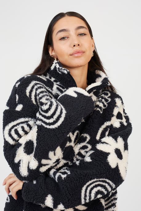 Black Quarter Zip Flower Print Fleece Sweatshirt