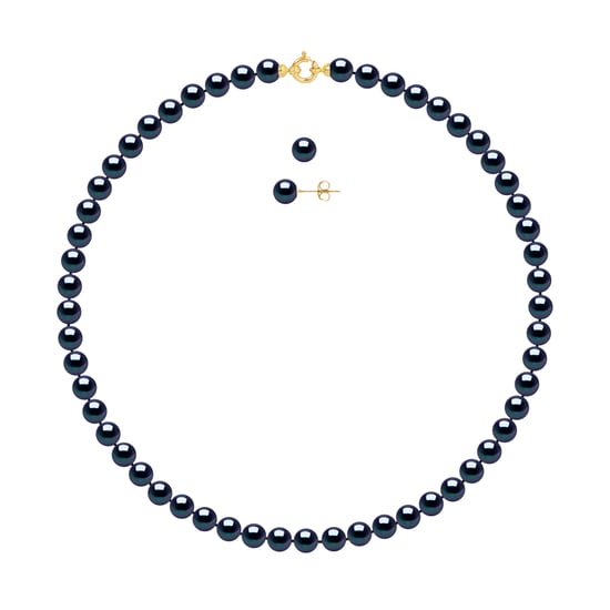 DIADEMA - Set - Necklace/Earrings - Real Freshwater Pearls - Black Tahitian Style - Yellow Gold