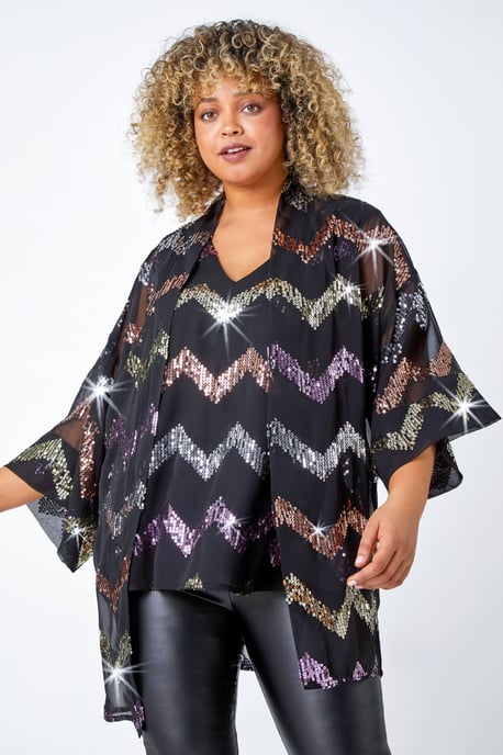 Curve 3/4 Sleeve Sequin Zig Zag Kimono