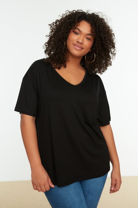 Effen V-hals Plus Size T-shirt Off-shoulder Basis - Image 3
