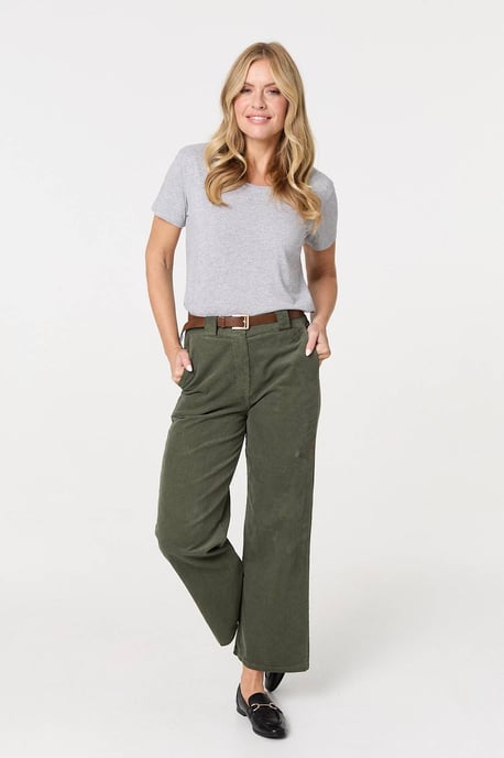 Green Faux Leather Belt Corduroy Trousers
