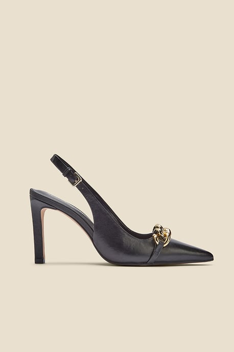 Ariana Black Leather Chain Detail Slingback Court Shoe