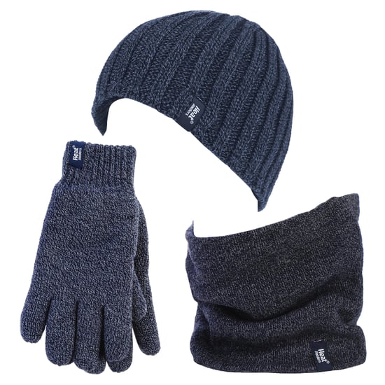 Heat Holders - Thermal Winter Fleece Cable Knit Hat, Neck Warmer and Gloves set for Men - Navy - Image 1