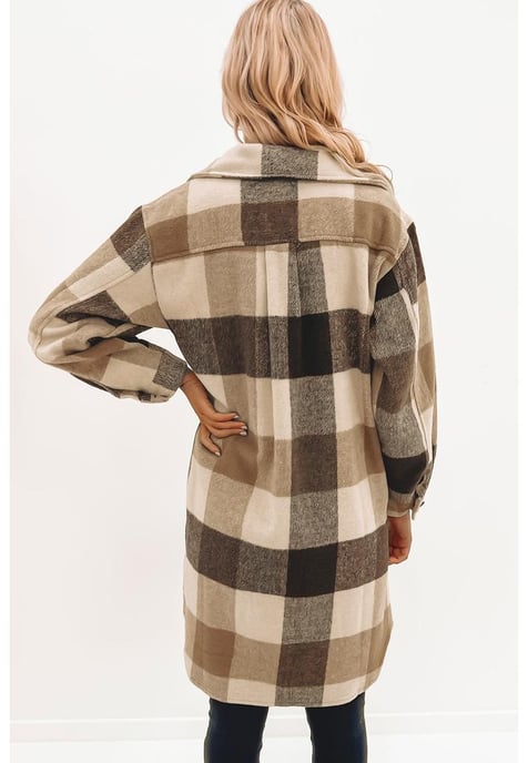 Women's Plaid Button-Down Long Shacket in Khaki - Image 5
