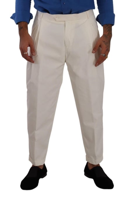 Dolce & Gabbana White Cotton Stretch Dress Pants with Logo Details - Image 4