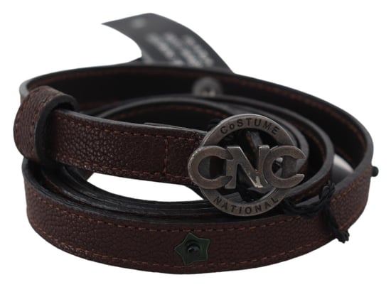 Costume National Women's Brown Skinny Leather Round Logo Buckle Belt
