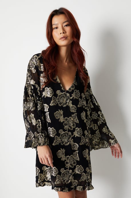 Metallic Georgette V Plunge Frill Swing Dress - Image 1