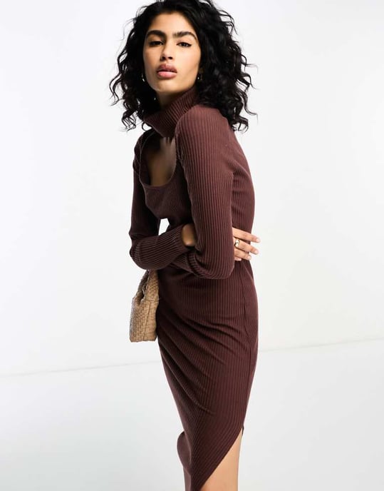 asos brown dress Asos Design Square Neck Knitted Midi Dress In Textured Yarn In Brown main image 1