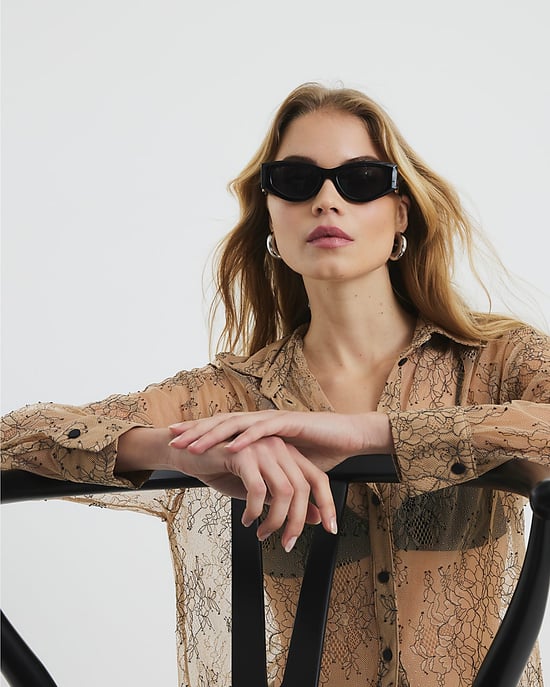 River Island Womens Shirt Beige Long Sleeved Sheer Lace