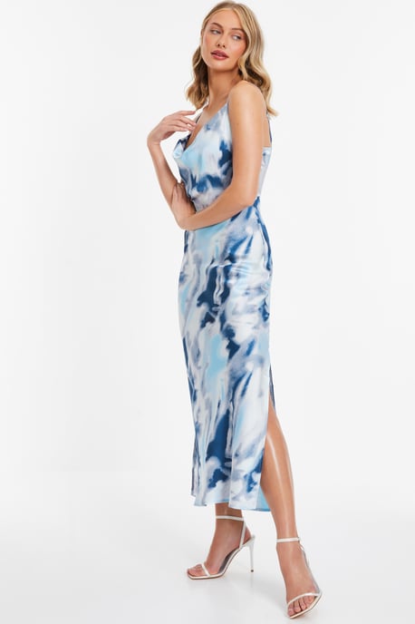 Blue Satin Marble Print Midi Dress