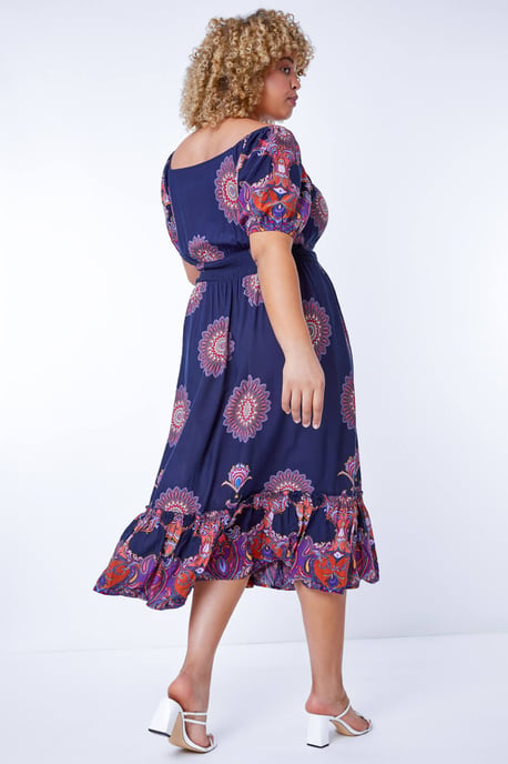 Curve Boho Print Sweetheart Midi Dress