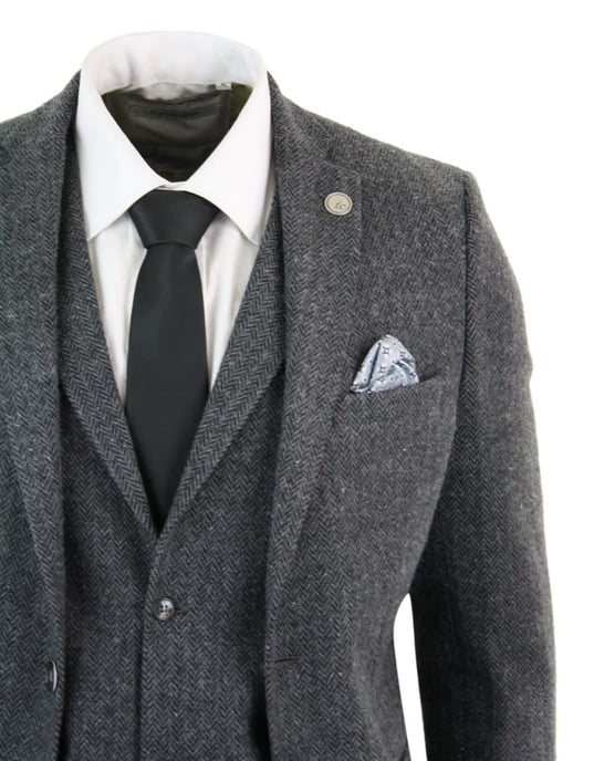 Heren 3-delige Antracietgrijze Haringbone-Tweed Streeppak - Image 5