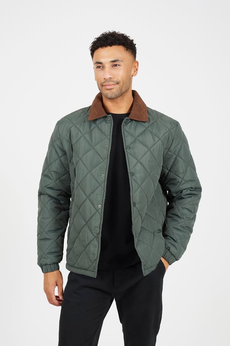 Khaki Quilted Coach Jacket With Cord Collar