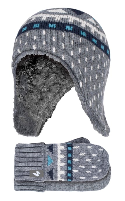 Heat Holders - Boys Outdoor Faux Fur Pom Pom Hat with Ear Flaps & Mittens Gloves - Pebble Melange - Image 1