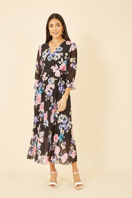 Yumi Black Floral Pleated Wrap Midi Dress