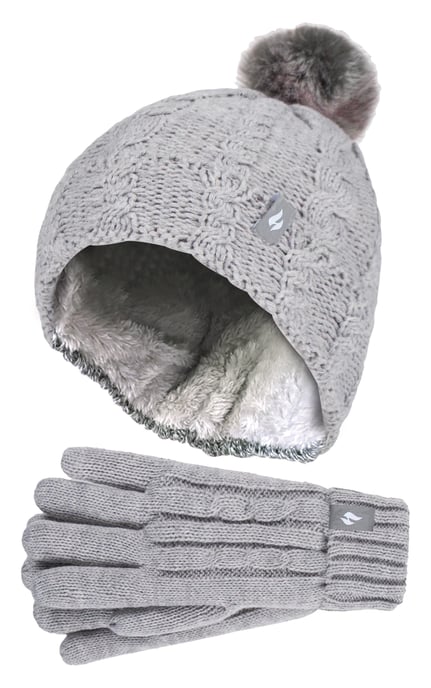 Heat Holders - Girls Bobble Pom Pom Hat and Gloves Set | Turn Over Cuff Hat & Cable Knit Gloves Style - Frost Grey Melange - Image 1