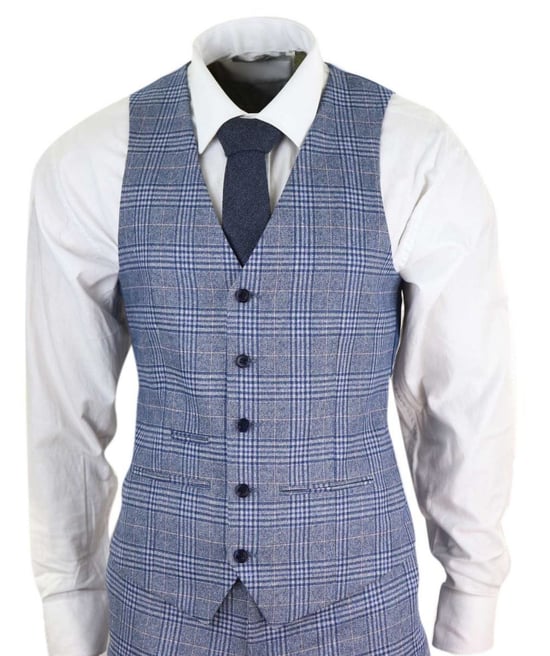 Mens 3 Piece Blue Grey Tweed Check Vintage Retro Suit - Image 2