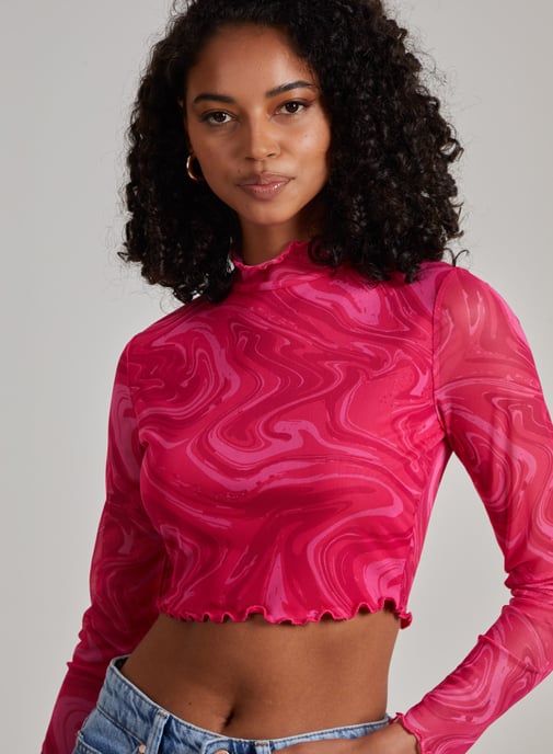 Marble Swirl Long Sleeve Mesh Crop Top