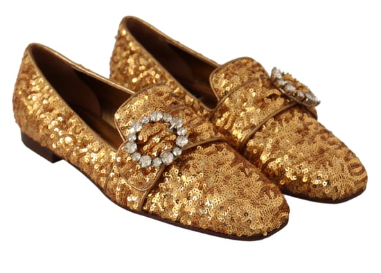 Dolce & Gabbana Gold Sequin Crystal Flat Women's Loafers Shoes - Image 6