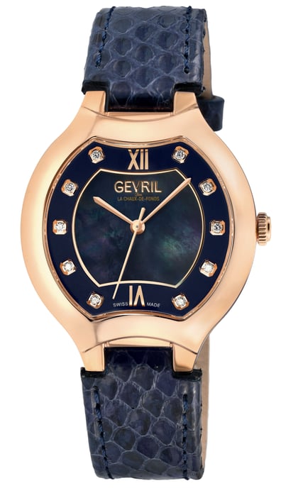 Gevril Women's Lugano Swiss Diamond Blue MOP Dial Genuine Italian Handmade Leather Watch