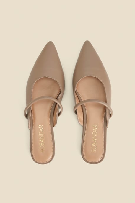 Taupe Leather Pointed Toe Strap Detail Flat Mules
