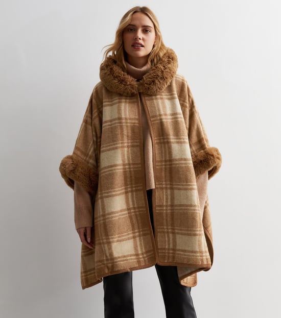 Fur Trim Check Longline Cape - Image 2