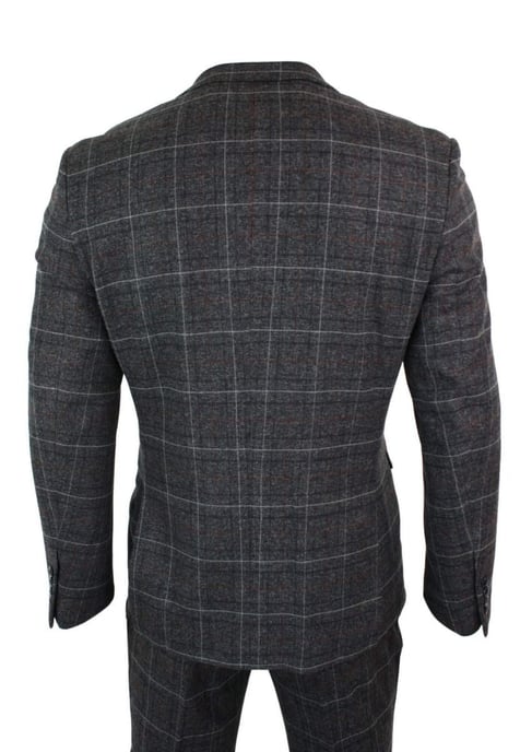 Mens 3 Piece Charcoal Grey Tweed Check Vintage Retro Suit - Image 3