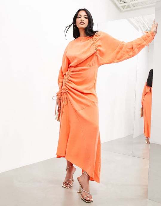 ASOS EDITION long sleeve ruched maxi dress in orange-Red