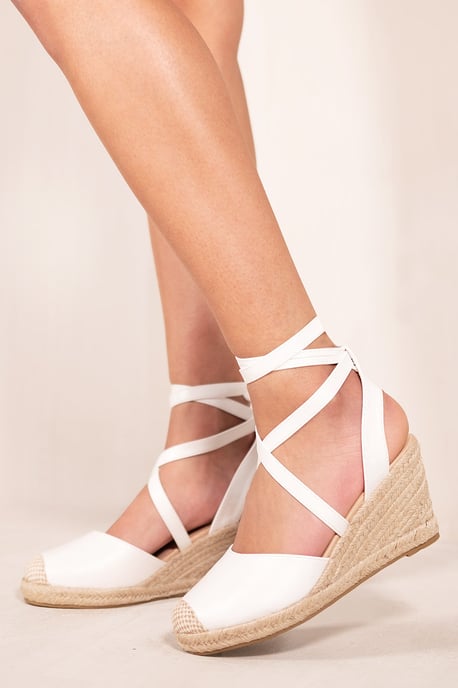 Where's That From Womens 'Juniper' Low Wedge Espadrille Sandals With Lace Up Detail In White Faux Leather