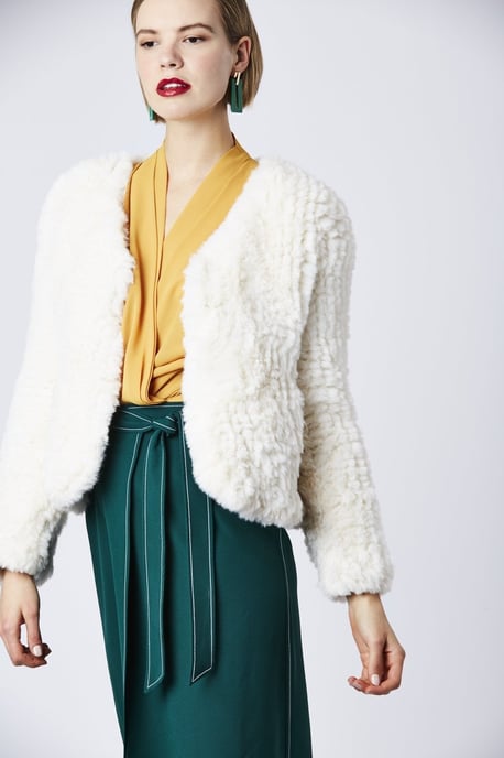 Hand Knitted V-Neck Faux Fur Coat