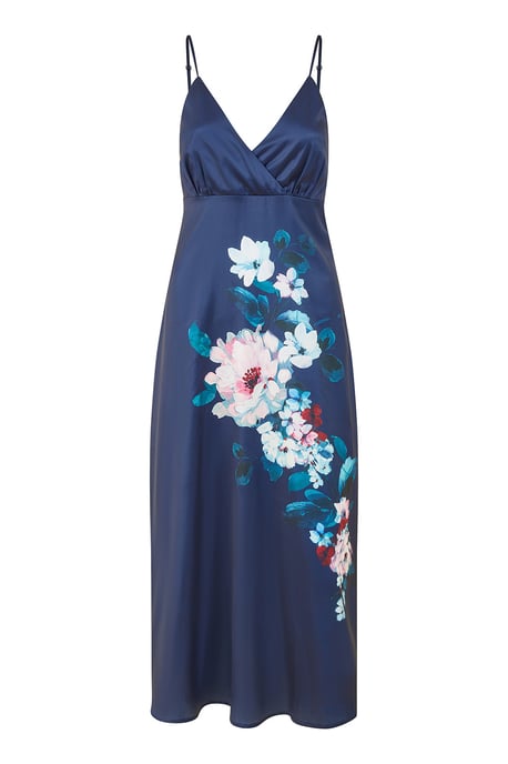 Navy Satin Slip Dress With Floral Design